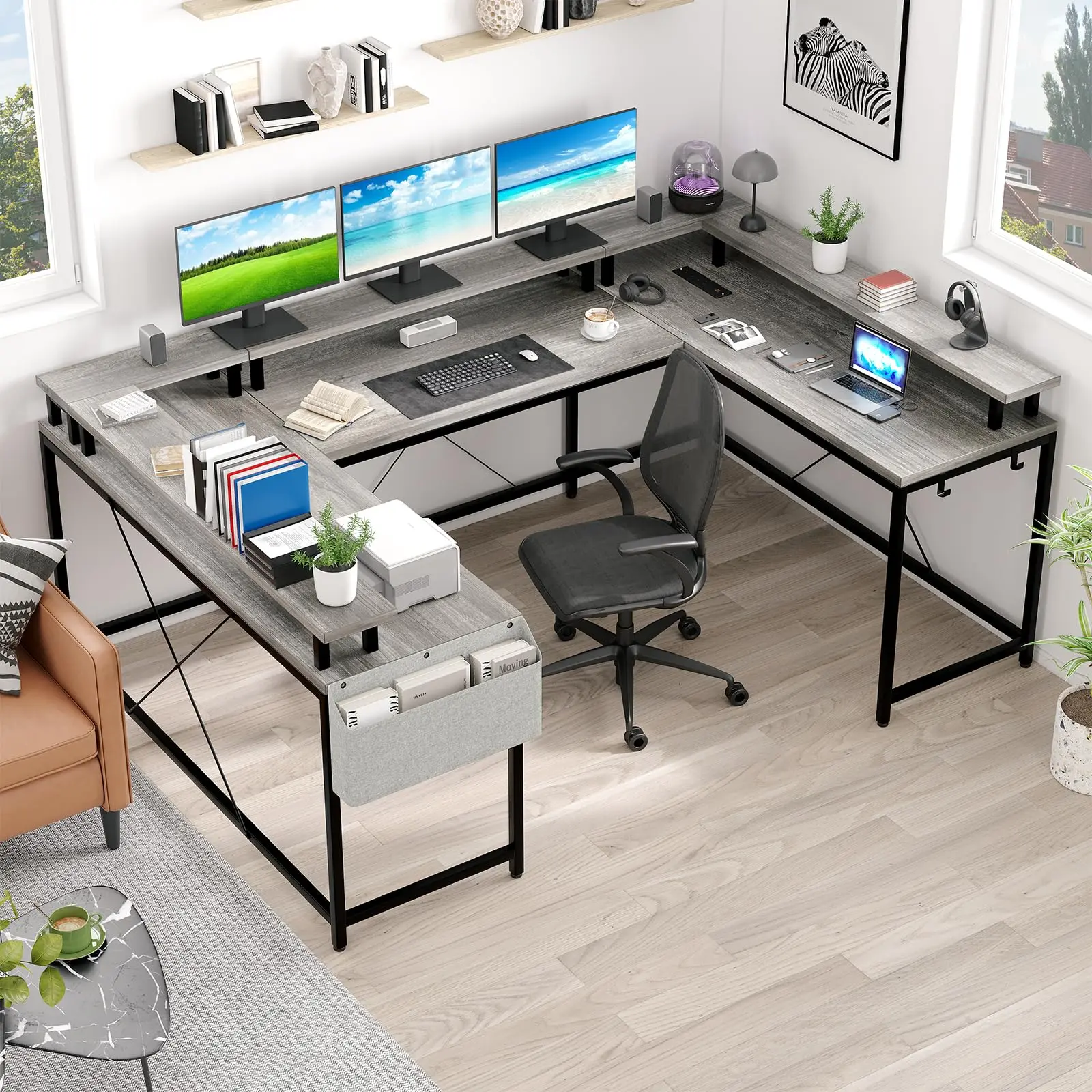 【GARVEE】U Shaped 126 Inch Gaming Desk with LED Lights, Reversible Large Computer Desk Featuring Monitor Stand, Power Outlets, Storage Bag, Hooks, Available in Oak, White, and Vintage Finishes