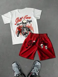 Two-Piece Set Men's Cartoon Skeleton & Letter Print Tee & Drawstring Waist Shorts, Regular Fit Casual Short Sleeve T-shirt & Track Shorts, Summer Clothes Set for Men, Menswear, Halloween