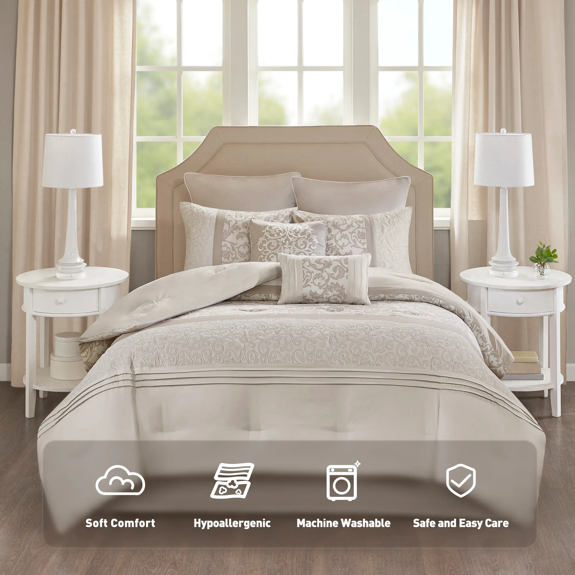 Ramsey Embroidered 8-Piece Quilt Set Bedding Collection - Decorative Microfiber Set Including Comforter, Shams, Bedskirt, Decorative Pillow