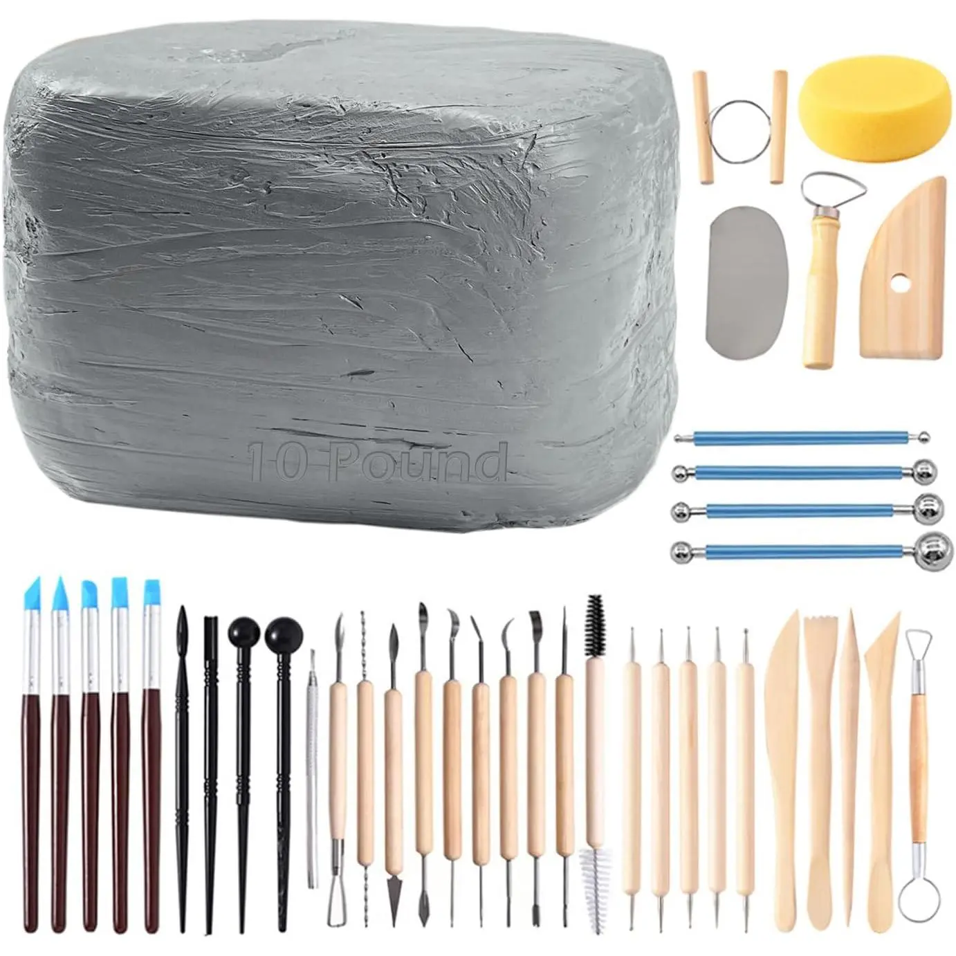 Air-Dry Modeling Clay - 10LBs with 40 count Pottery Sculpting Tool Set, All-Purpose Clay (Gray), Clay Sculpting Tools, Modeling Clay Craft Kits