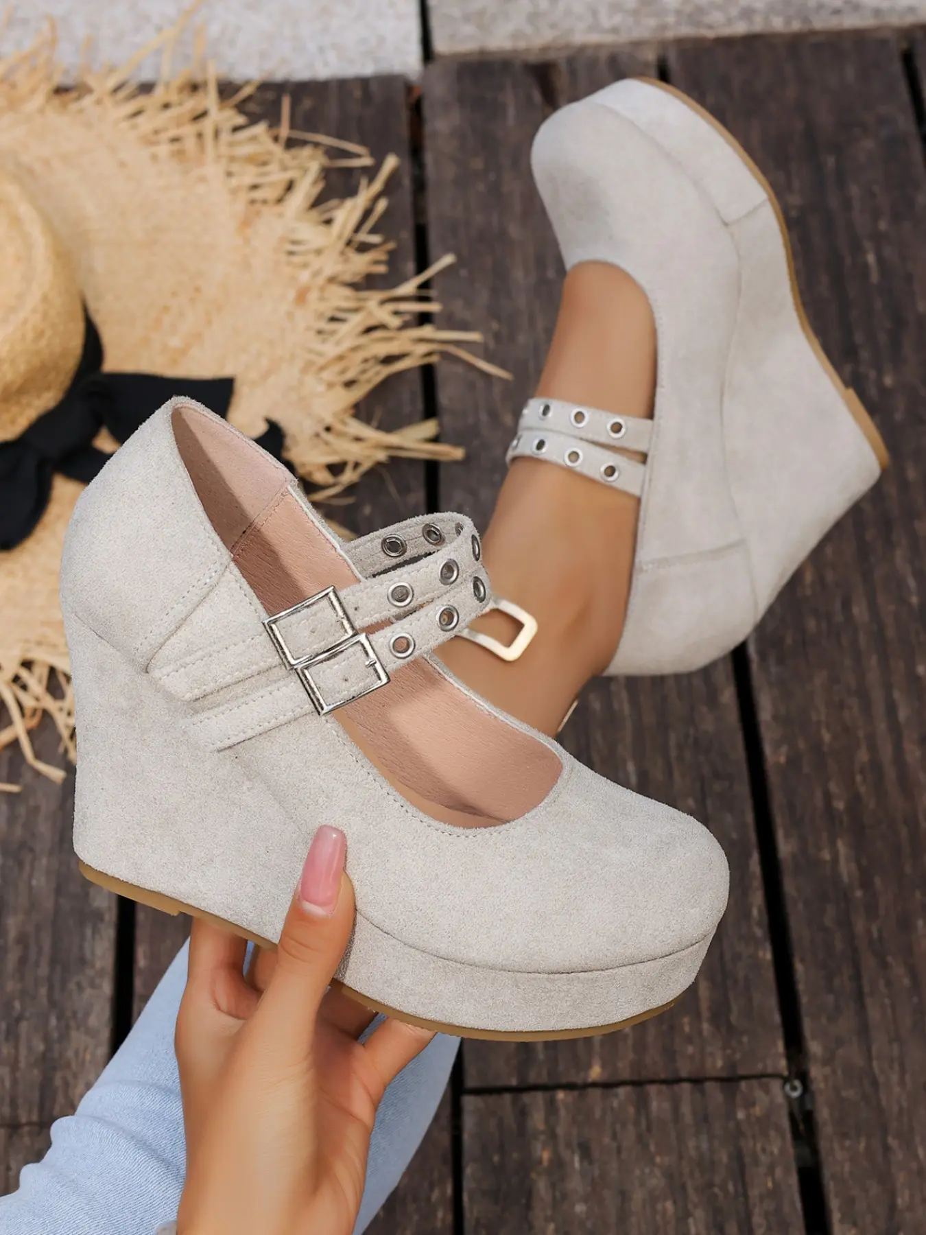 Spring and summer Vintage retro round toe slope Wedge shoes single shoes for women, platform Flatform women's shoes, commuting Mary jane style women's shoes with double buckles, Mary Jane Footwear