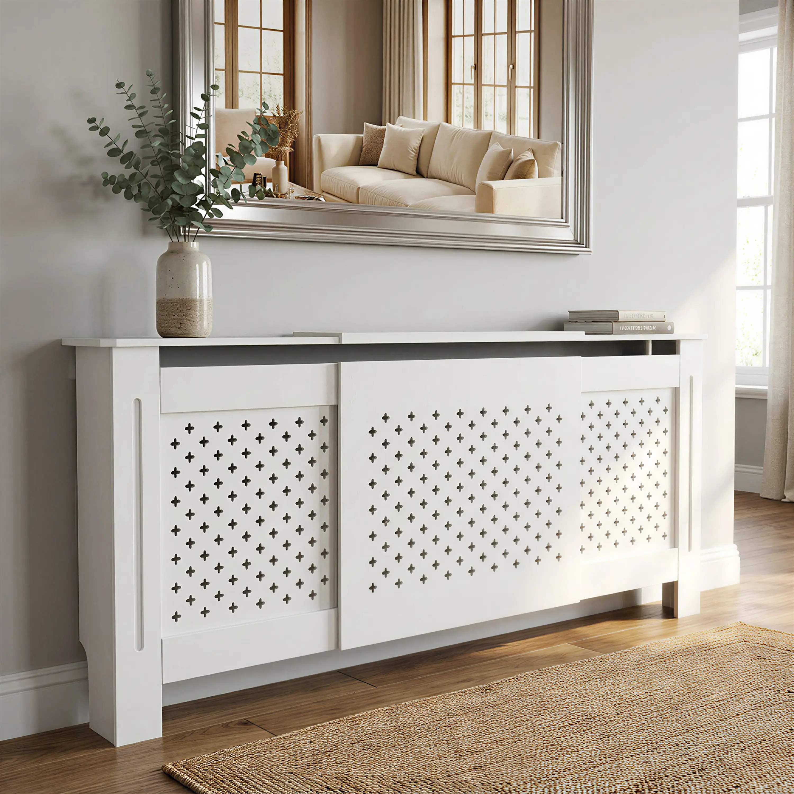 Modern MDF Radiator Cover Cabinet - Adjustable-Width Decorative Airflow Panel Heater Enclosure with Hollow Holes, Refined MDF Build, Multi-Functional Top Display Shelf, Easy Setup Indoor Cupboard Furniture