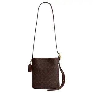 COACH Bleecker 21 Detachable Zipper Pouch with Dog Leash Clip Closure, Coated Canvas and Natural Grain Leather Bucket Bag for Women