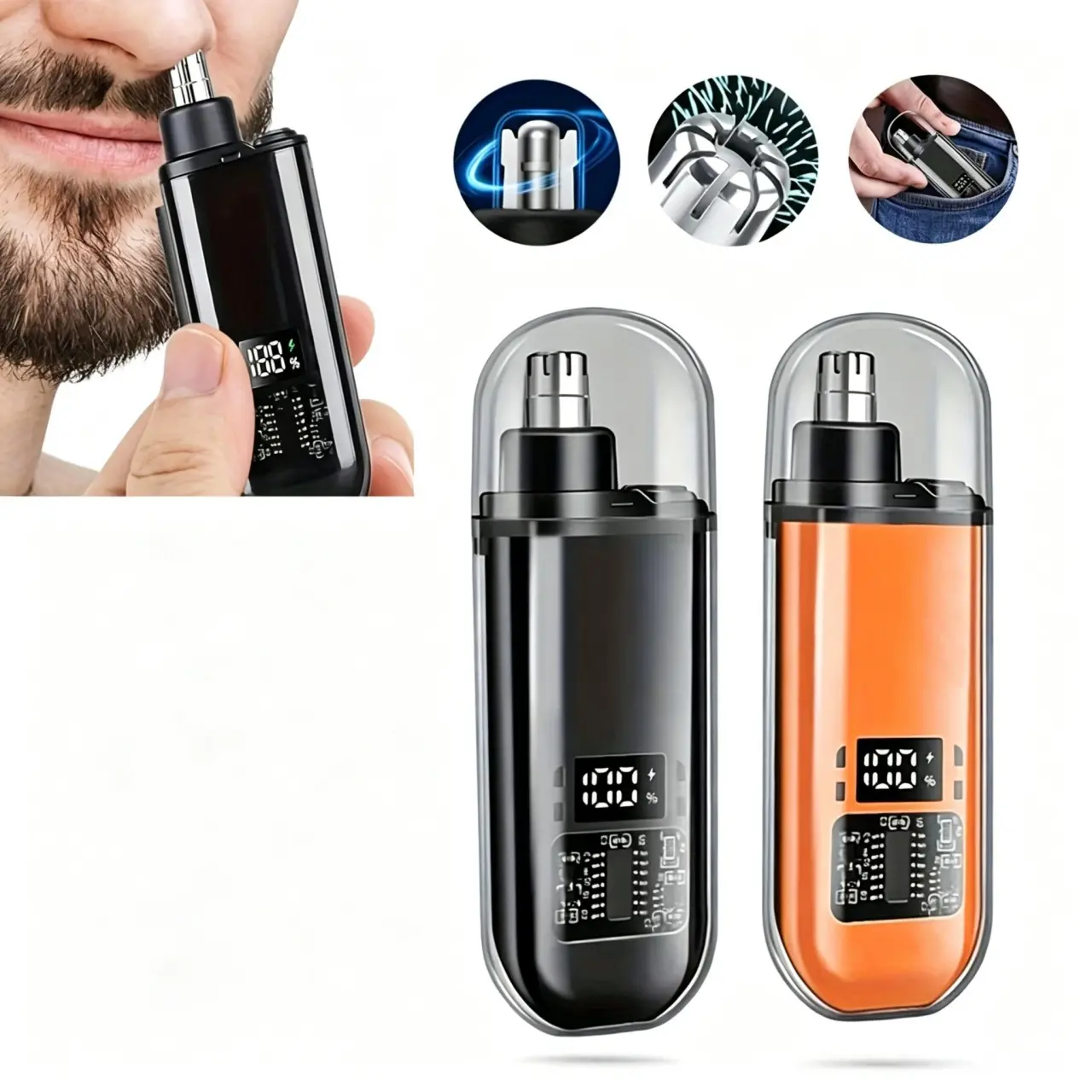 Nectarbellis Electric Nose Hair Trimmer for Men - Portable Rechargeable Painless Stainless Steel Dual Edge Blades Clipper, IPX7 Waterproof, LED Display, Abs Single Item Facial Eyebrow Shaver, Compact Cordless Personal Care Appliance