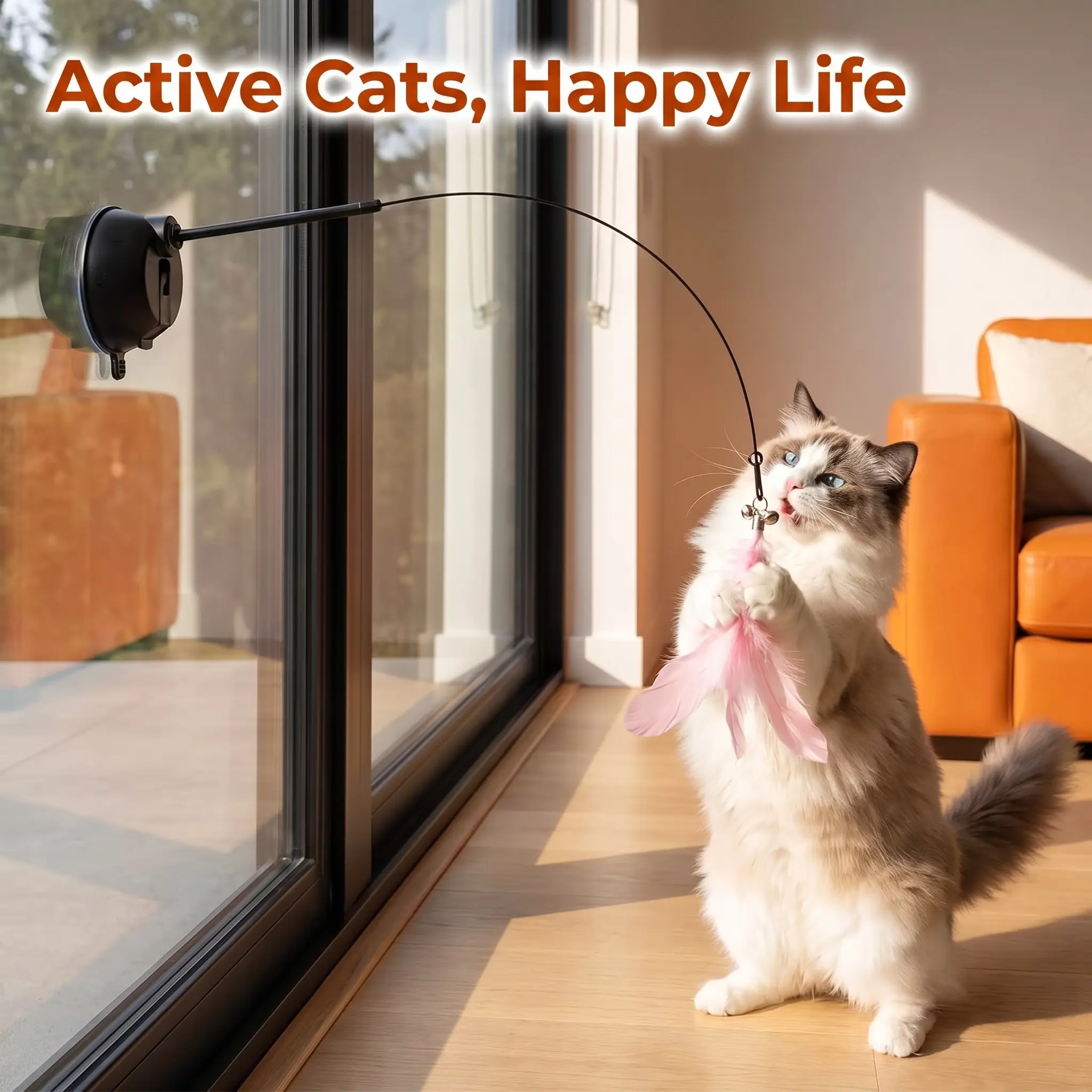 Cat Teasing Stick with Suction Cup, Elastic Feather for Interactive Play