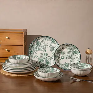 8/16 piece ceramic tableware set, retro green rose pattern, including plates, salad bowls and plates, suitable for restaurants, hotels, kitchens, holiday gatherings, can hold salads, steaks, desserts, pasta and other delicacies, souvenirs, Easter, New Yea