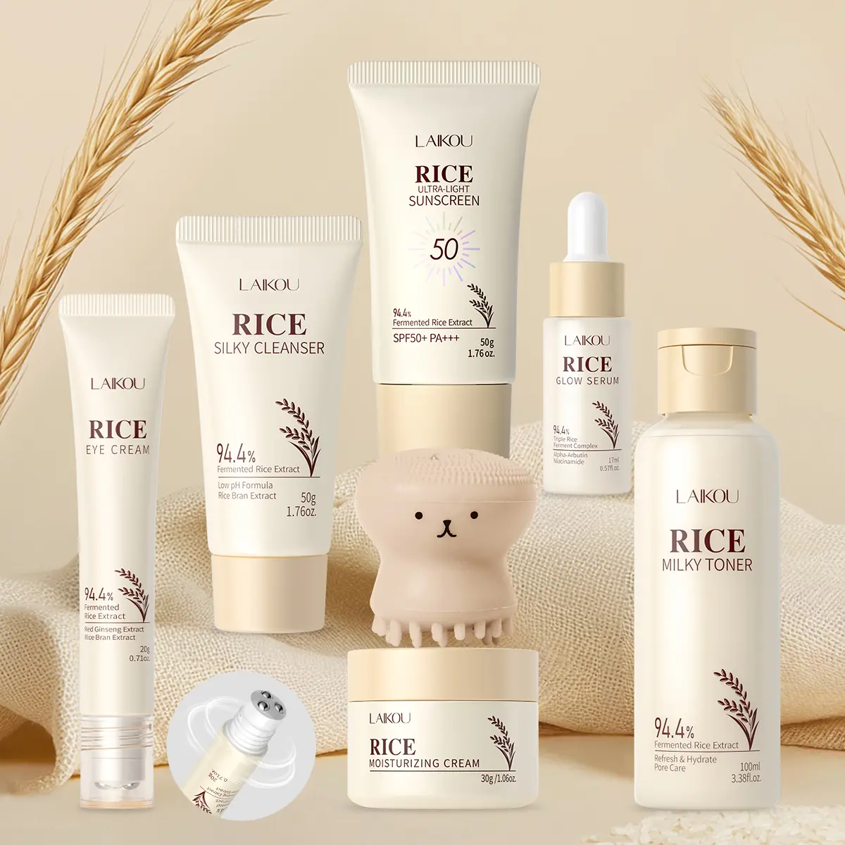 Laikou Rice Skin Care Set, Including Cleansing, Toner, Eye Cream, Suncreen, Serum, Face Cream, Moisturizer, Octopus Brush, Moisturizing Moisture Skin Care Kit for Women, Hydrating Soothing, Hydrate, Best Gift