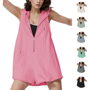 TAQCUX Women's Sleeveless Hooded Jumpsuit - Casual Short Half Zipper Rompers for Summer Outfits - Fitted & Minimalist Design - High-Quality Cotton Material - Versatile for Beach & Gym - Black Basic