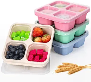 4 Pack Snack Box Containers, 4 Compartment Snack Bento Boxes with Clear Lids, Wheat Straw Lunch Food Containers