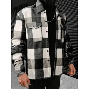 Manfinity men’s plaid print flap pocket jacket, men’s streetwear shirt, men’s shacket, streetwear button-up, men’s flannel, plaid jacket for men, suitable for fall and winter