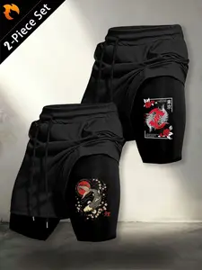 Japanese Street Style Koi Print Dual-Layer Quick-Dry Shorts, Elastic Breathable Anti-Exposure Pants, Men's Gym Running Gym Shorts