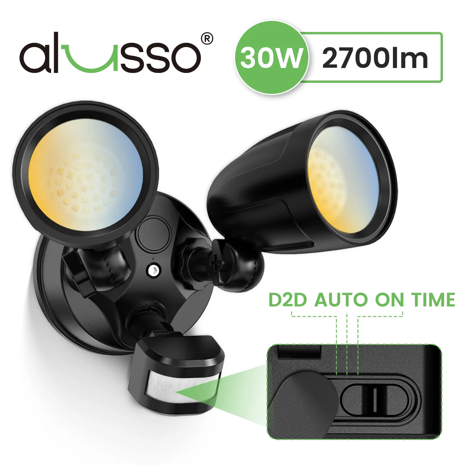 1PC ALUSSO Aluminium Motion Sensor LED Outdoor Lights, 30W 2700LM Flood Lights Outdoor, 3 Modes (Dusk to Dawn/Auto/On Time), 3CCT 3000K/4000K/6500K IP65 Waterproof Hardwired Security Light ETL Listed for Porch Garage, Black