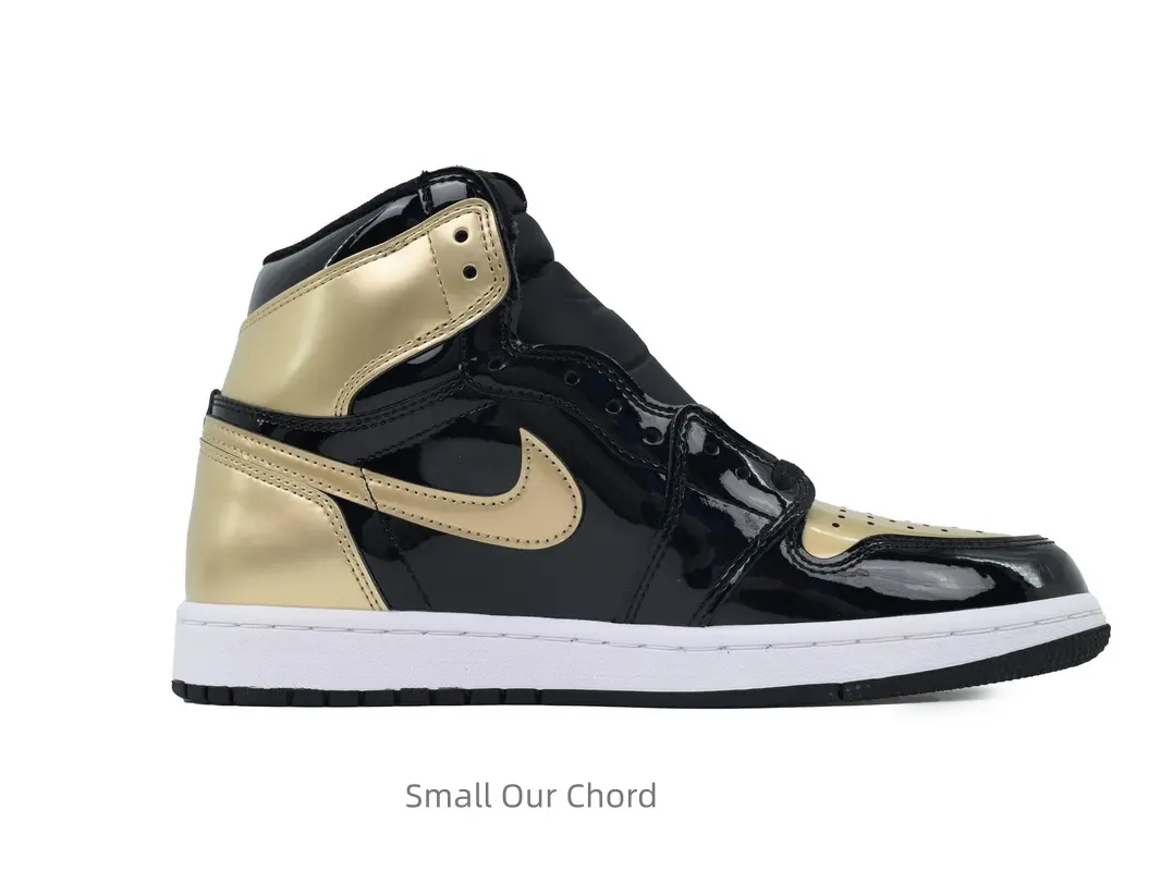 Black Metallic Gold Patent Leather High Top Basketball Sneakers, Shiny Gold Swoosh Embellishment, Clean White Cushioned Midsole & Black Rubber Outsole, Lace Up Hip Hop Street Trainers, Versatile Casual Board Shoes & Athletic Footwear Suitable