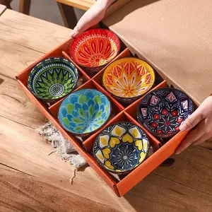Boho Style Ceramic Bowl Set, 6 Counts/set Colorful Flower Pattern Dessert Soup Bowl, Ceramic Pasta Bowls, Ceramic Salad Bowls, Tableware, Dinnerware Sets, Housewarming Gift for Home Kitchen Dining Room Use, Housewarming Gift Ideas