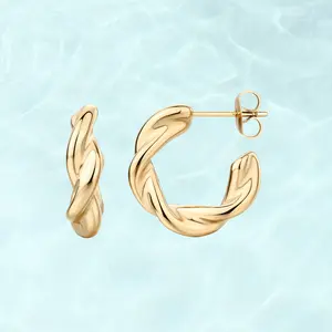 PAVOI Waterproof Slim Twisted Hoop Earrings for Women - 14K Gold Plated Wavy Gold Hoop Earrings - Stainless Steel Lightweight Trendy Summer Jewelry