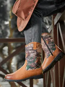 Men's Classic Vintage PU Patchwork High Top Boots, Round Toe Low Heel Fashion Versatile Comfort Western Cowboy Boots