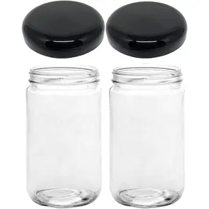 Mason Jars - 32 oz Glass Storage Jars with Extra Wide Mouth Lids,  and  Safe - Set of 2 with 2 Black Dome Plastic Lids