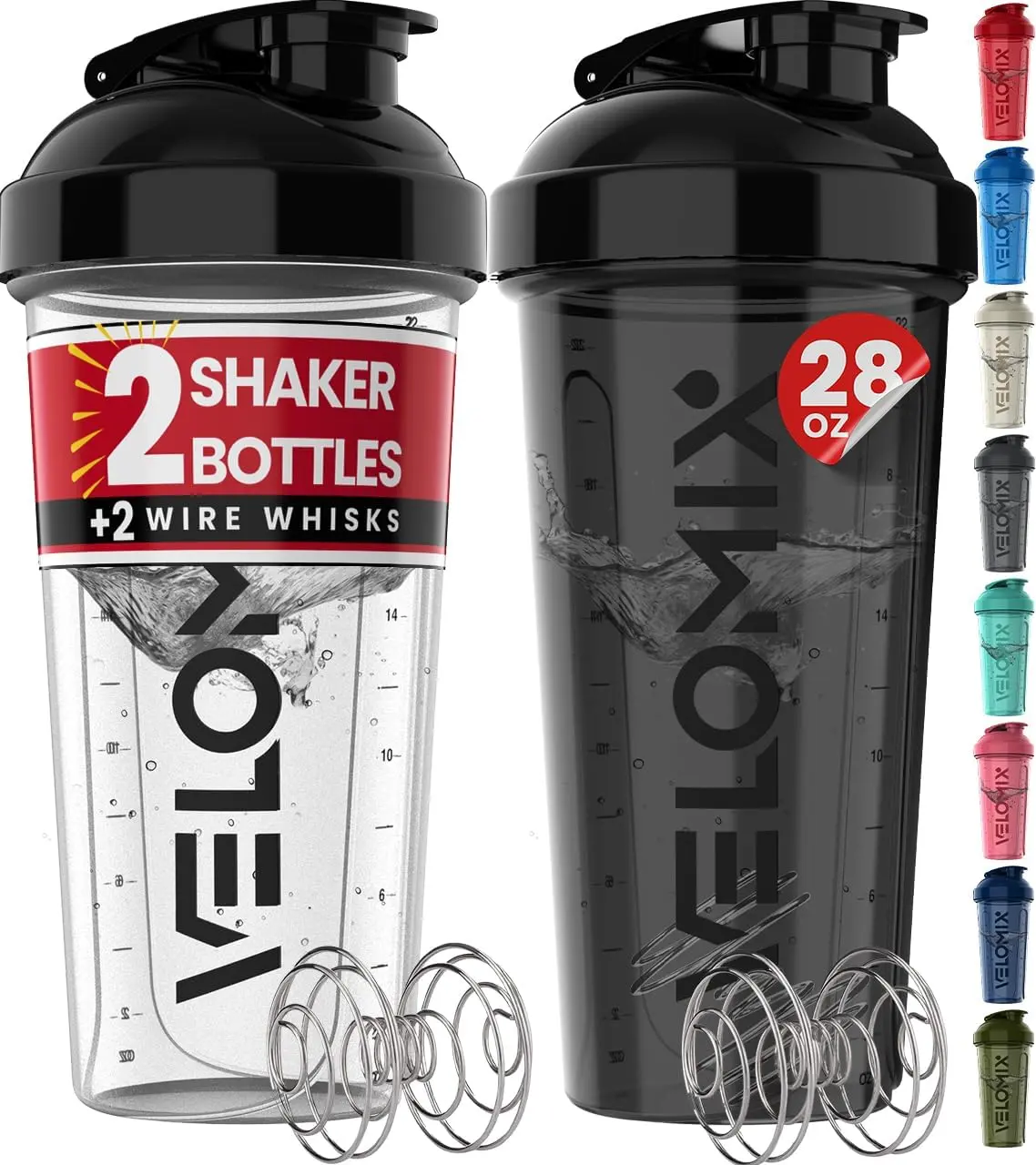 VELOMIX -2 Pack- 28 oz Protein Shaker Bottles for Protein Mixes - 2x Wire Whisk | Leak Proof Shaker Cups for Protein Shakes | Protein Shaker Bottle Pack (Black/Transparent) Double Wall