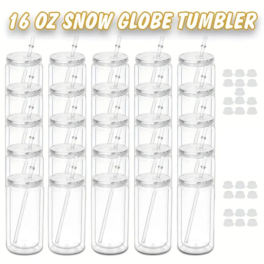 25-Pack 16 Oz Clear Acrylic Snow Globe Tumblers, Pre-Drilled Double Wall Drinkware with Plastic Lid and Straw for DIY Glitter Snowglobe Projects