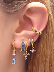 6Pcs Lucky 24K Gold Plated Cubic Zirconia Hoop Earrings Set For Women Multicolor Zircon Stud Earrings Pack Cross Drop Dangle Earrings Stack Stackable Earrings