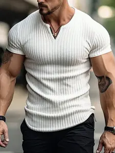 Men's Spring Summer Outfits Vertical Striped Textured V-Neck Short Sleeve T-Shirt for Daliy Wear, Gym Wear Solid Color Old Money Style, Casual Sporty Essential for Man's Wardrobe.