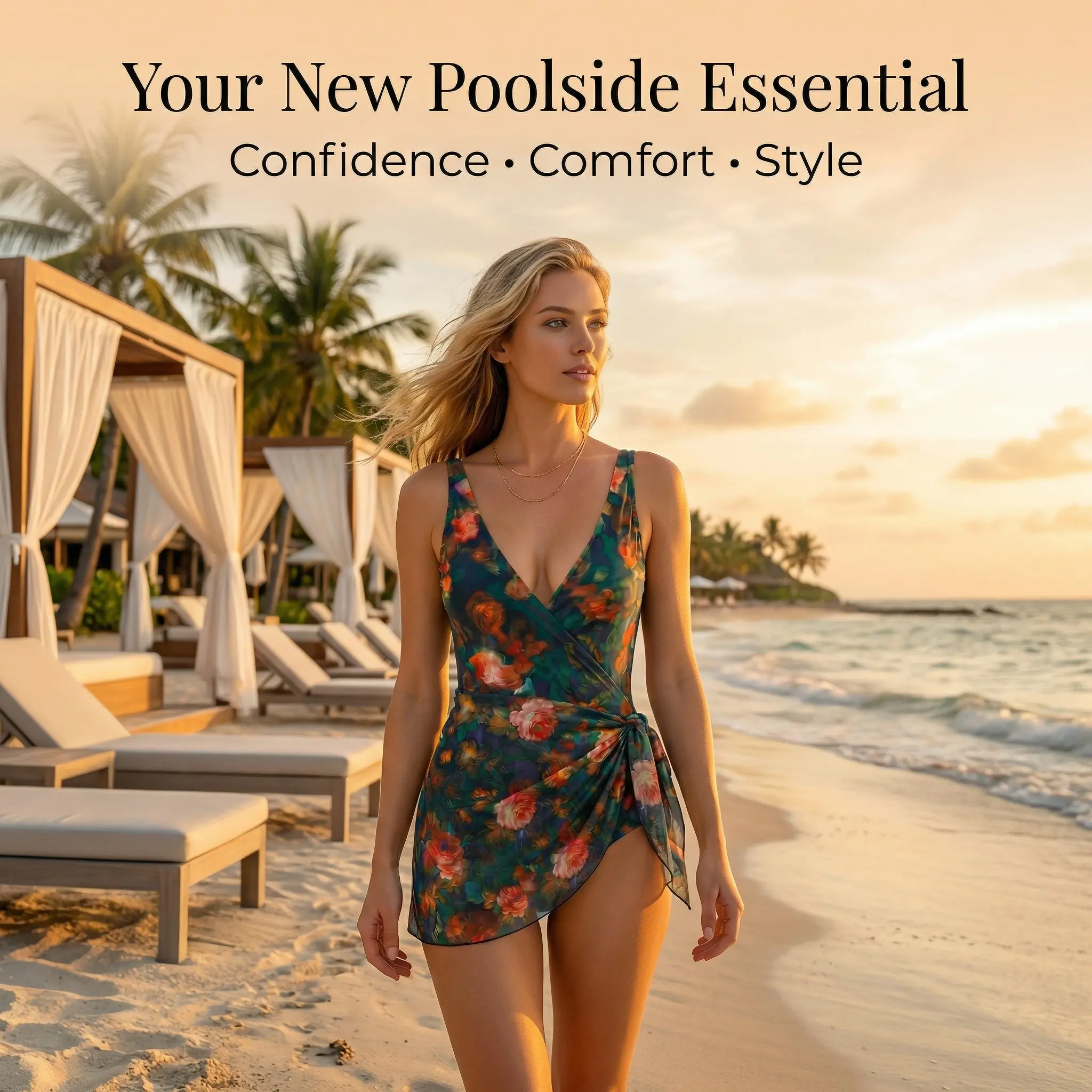Women's Plants Print V Neck Swimdress & Tankini Set, Casual Sleeveless Swim Dress & Swim Top Two-piece Swimsuit for Beach Holiday Vacation, Ladies Swimwear, Beachwear Swimsuits