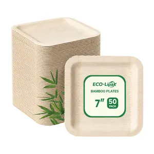 7in/10in Premium Square Organic Bamboo Plates - Heavy-Duty, Fine-Grain Design, BPA-Free, Non-Toxic Disposable Tableware for Home & Party Supplies
