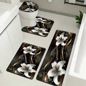 3pcs/4pcs Small Fresh Floral Gray Background White Lily Pattern Bathroom Mat Set Toilet Seat Cover U-shaped Foot Mat