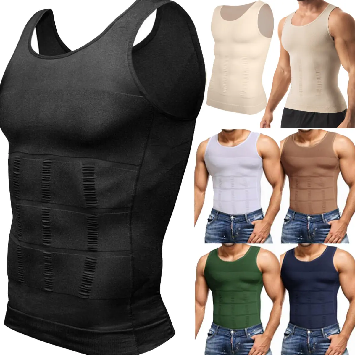1/2/3/4 Pack Menswear Body Shaper Compression Shirt Tank Top with Tummy Waist Control and Back Support Breathable Polyamide Undershirt for Workout & Gym Compression Shirts Shapewear Soft Clothes Formal Gamis