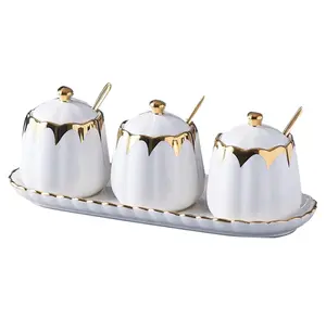 Ceramic Condiment Jars Spice Container with Tray, Sugar and Salt Bowls Seasoning Box Set of 3 Kitchen Porcelain