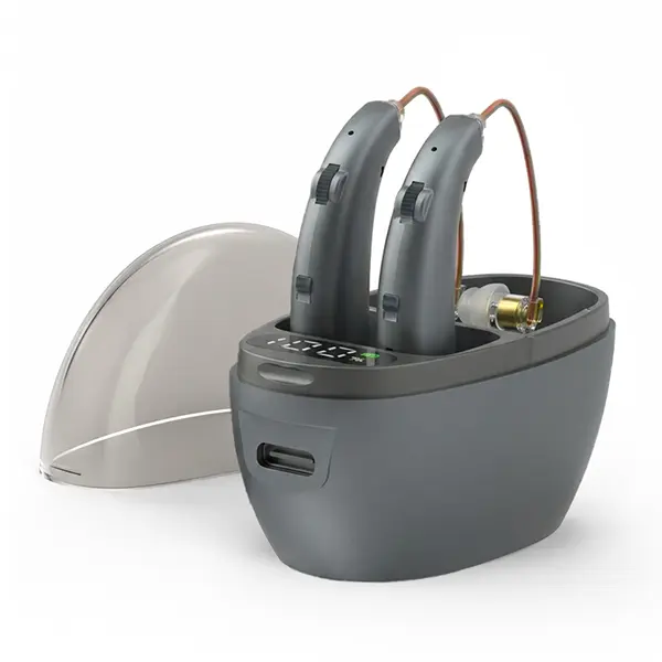 Aid hearing device for the elderly, rechargeable, with noise reduction function, behind-the-ear amplifier for mild to moderate hearing loss, with physical adjustment buttons