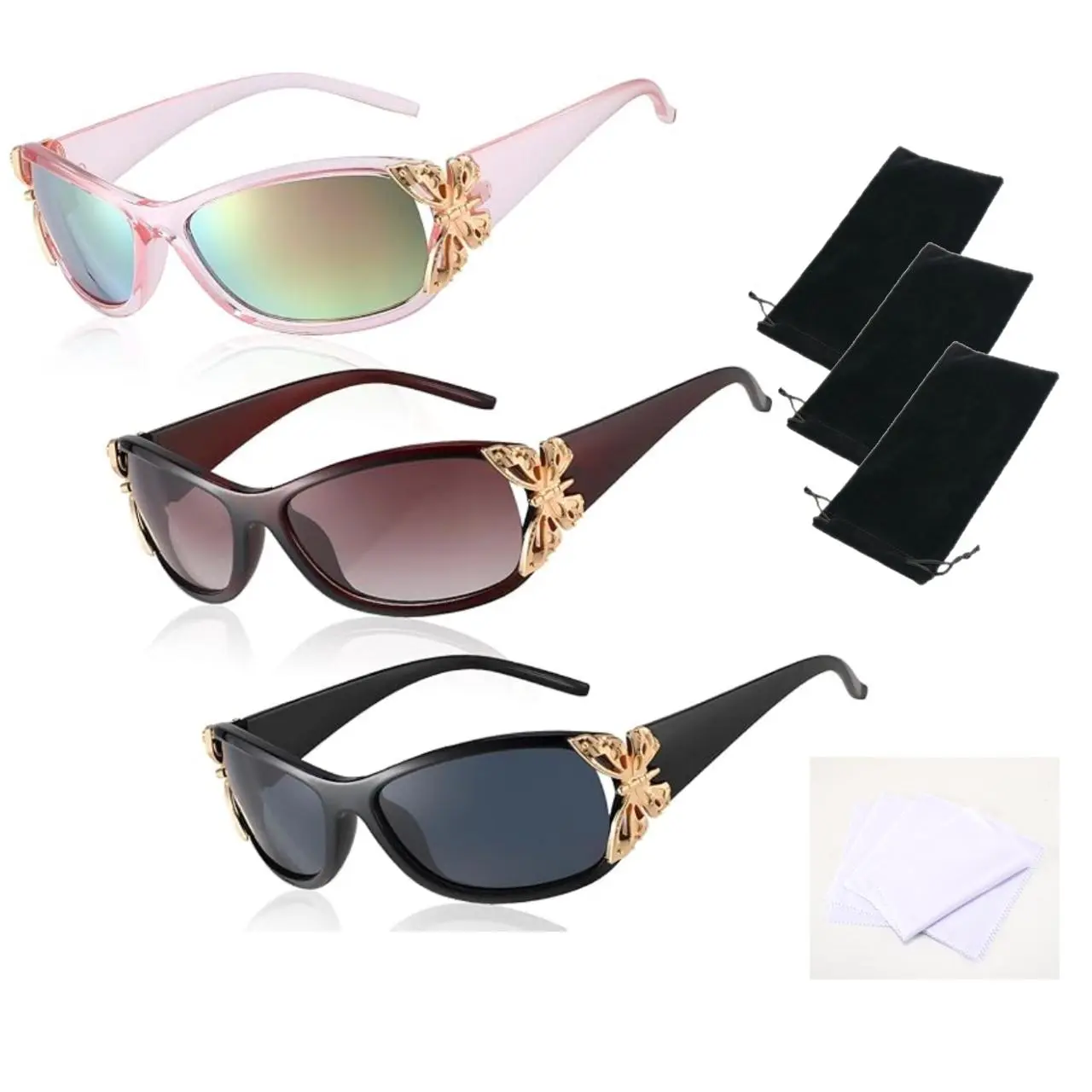 3-Pair Y2K Sunglasses for Women – Fashion Wrap-Around Butterfly Design with UV400 Protection, Trendy Retro Aesthetic Sunglasses for Summer, Party & Daily Wear