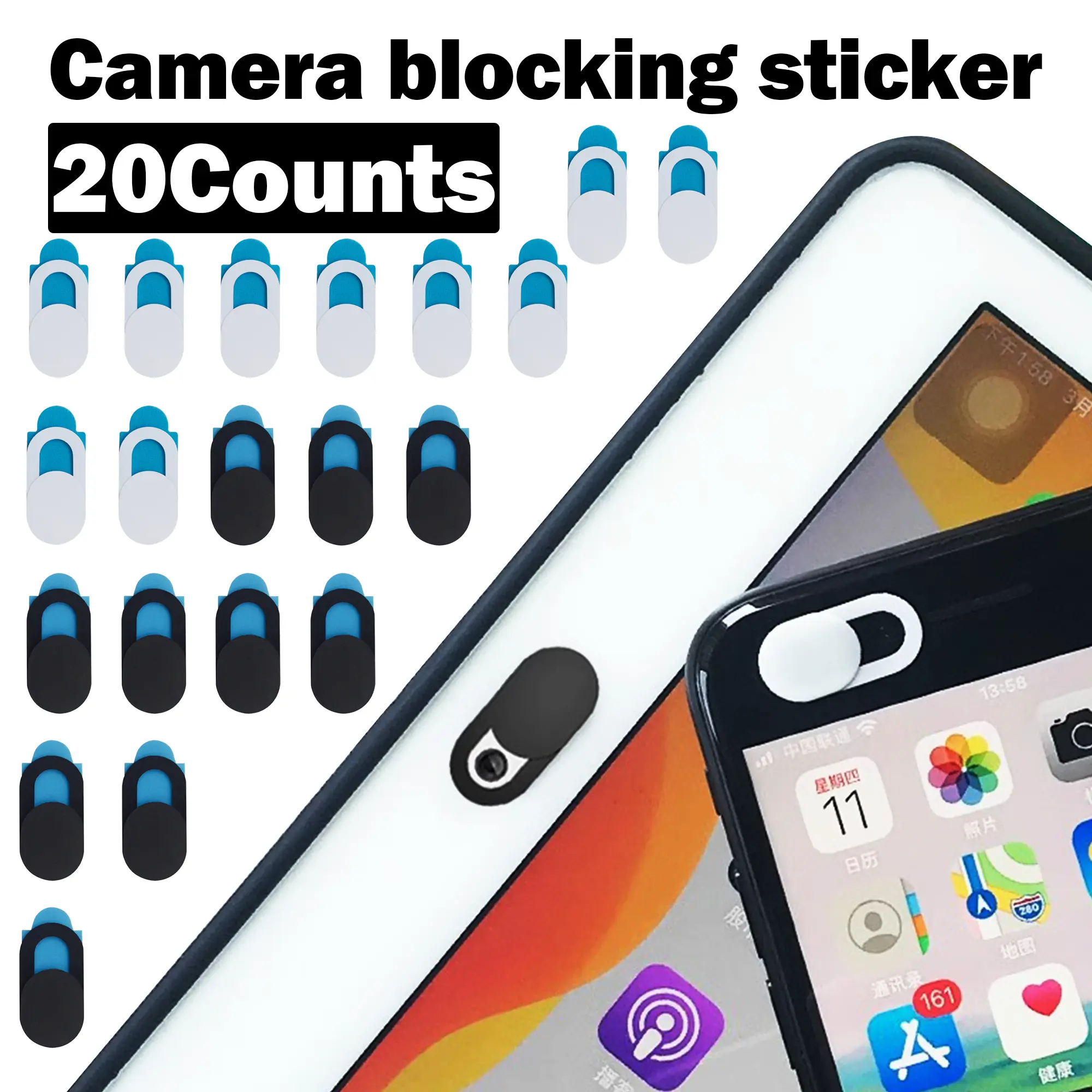 Slim Plastic Camera Covers (20-Count Self-Adhesive) - 10 Black, 10 White, 1-Step Easy Installation for Phones, Tablets, Computers, Tech Gadgets - Safe Camera & Screen Shielding