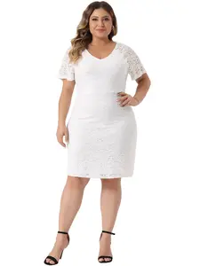 Agnes Orinda Plus Size Elegant V Neck Short Sleeves Cocktail Wedding Guest Bodycon Lace Pencil Dress