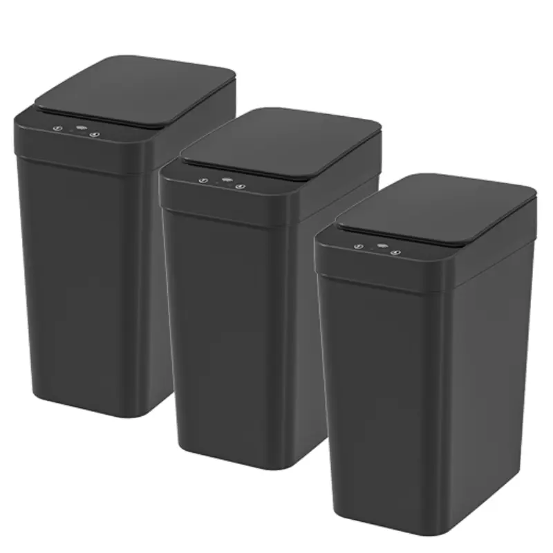 3-Pack BLACK Smart Trash Can, Garbage Can For Bathroom, Automatic Hands-Free, Wave/Kick/Knee Sensor, 12L/3.1Gal, 6in Ultra Slim, Sealed Odor Control Kitchen Bathroom Office (No Battery), Plastic Garbage Bin