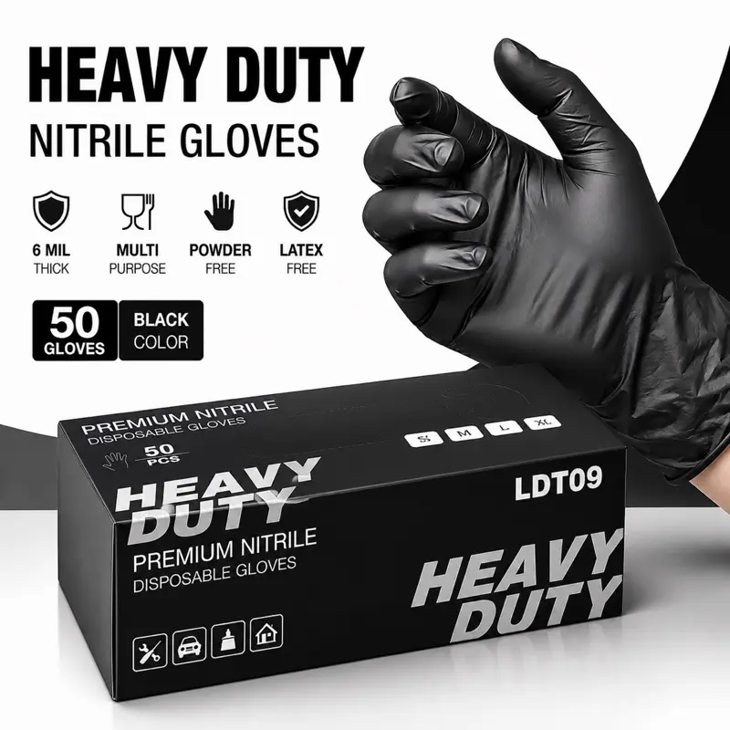 Heavy Duty Nitrile Disposable Gloves - 50 Count, 6 Mil Thick, Powder-Free, Latex-Free, Food Grade, Textured Fingertips, Black, Sizes S M L XL, LDT09, Cleaning, Household, Hand