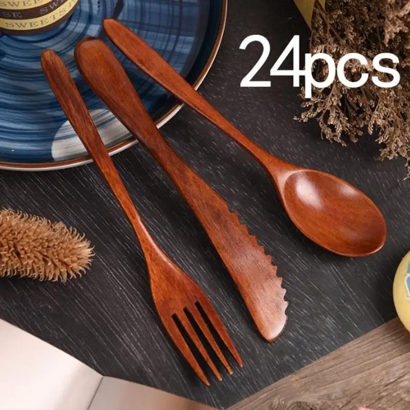 12pcs-24pcs Handcrafted Natural Wood Cutlery Set - Compact Camping Kitchenware, Dinnerware Set with Spoons, Forks, Table Knives, Reusable Eating & Cooking Essentials