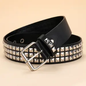 Black Studded Belt Punk Rock Rivet Belt Grommet Threads Belt With Bright Metal Pyramid For Women Men