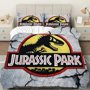 3PCS Duvet Cover Set, 1 Duvet+2 Pillowcases(Without filler), Dinosaur Fossil Adventure Movie Logo theme, Halloween bedding set, Jurassic Park Flannel Reversible Suitable for decoration bedroom dormitory living room guest room, Decorative Duvet Cover