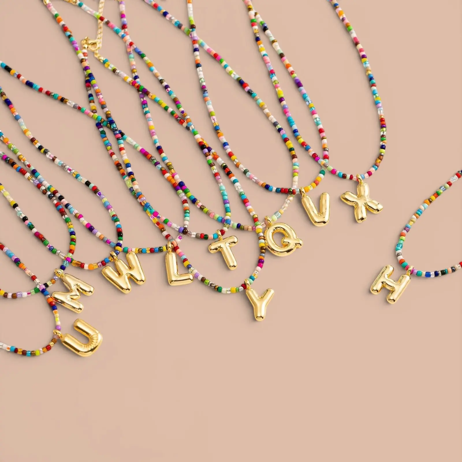 Gold Initial Letter Necklace, Rainbow Bead Chain Necklace, Colorful Personalized Jewelry Gift