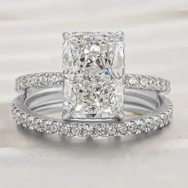 Women's S925 Silver Full Moissanite Engagement Ring with Tapered Baguette Cut Metal Accents, Cute Modern Female Wedding Ring