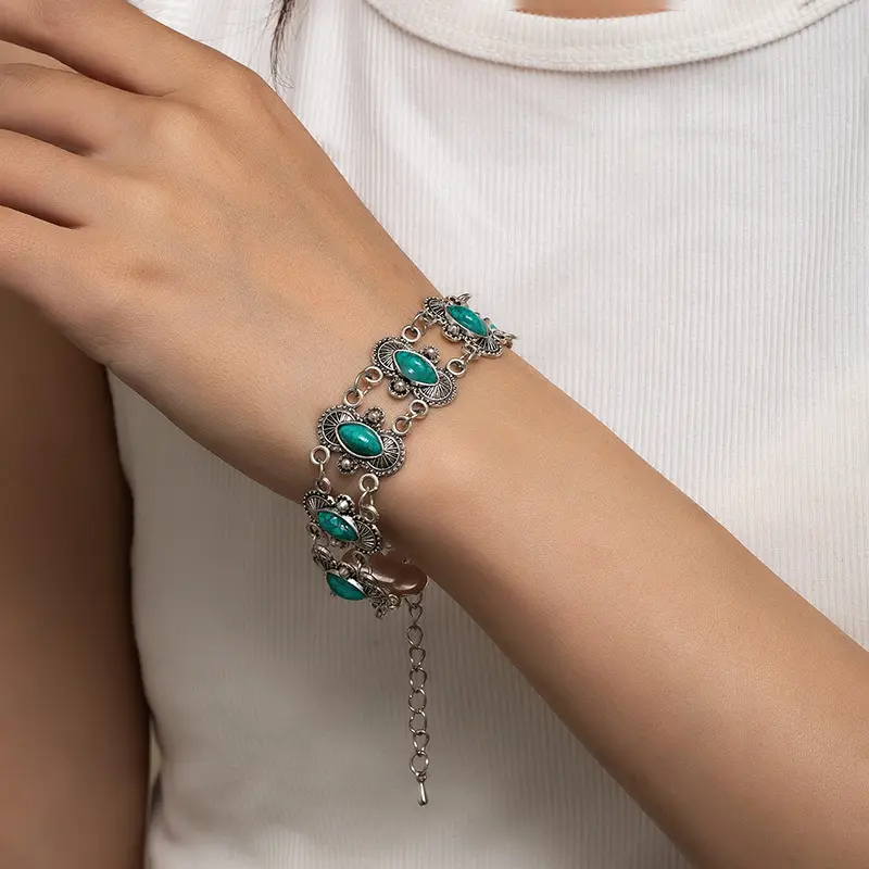 Vintage Bohemian Antique Silver-Tone Floral Link Statement  for Women, Turquoise & Red Stone Accents,  , Length Adjustable, Everyday Wear Zen Fidget Stretch  Accessory  bakelite jewelry   Matching Heart   permanent   jade money bracelet