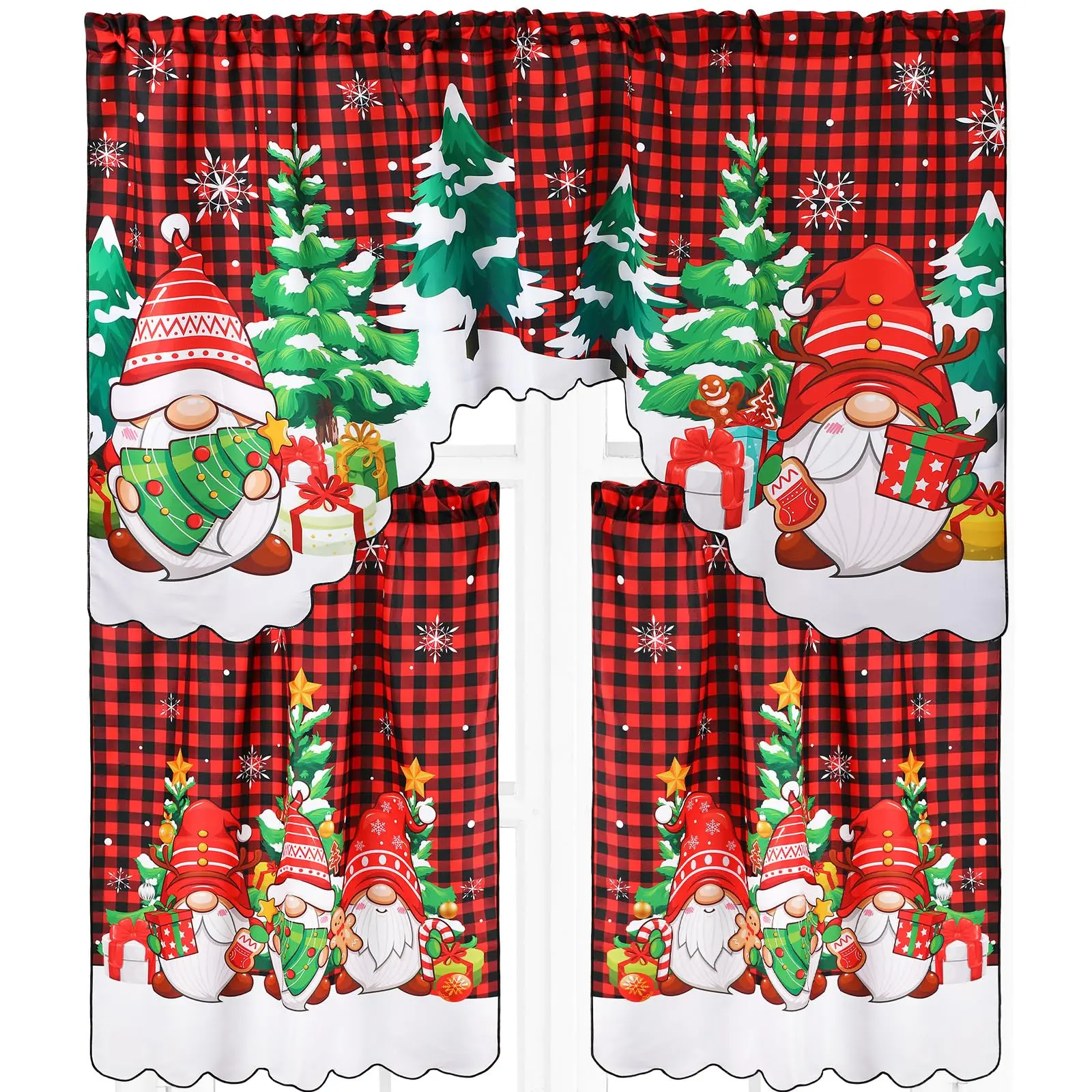 3 Pcs Christmas Kitchen Curtains 60 x 36 Valance, 36 x 30 Tier Window Curtains and Valance Set with 1 Pcs of Valance and 2 Pcs of Tiers Xmas Curtains for Living Room Bathroom Kitchen Decor