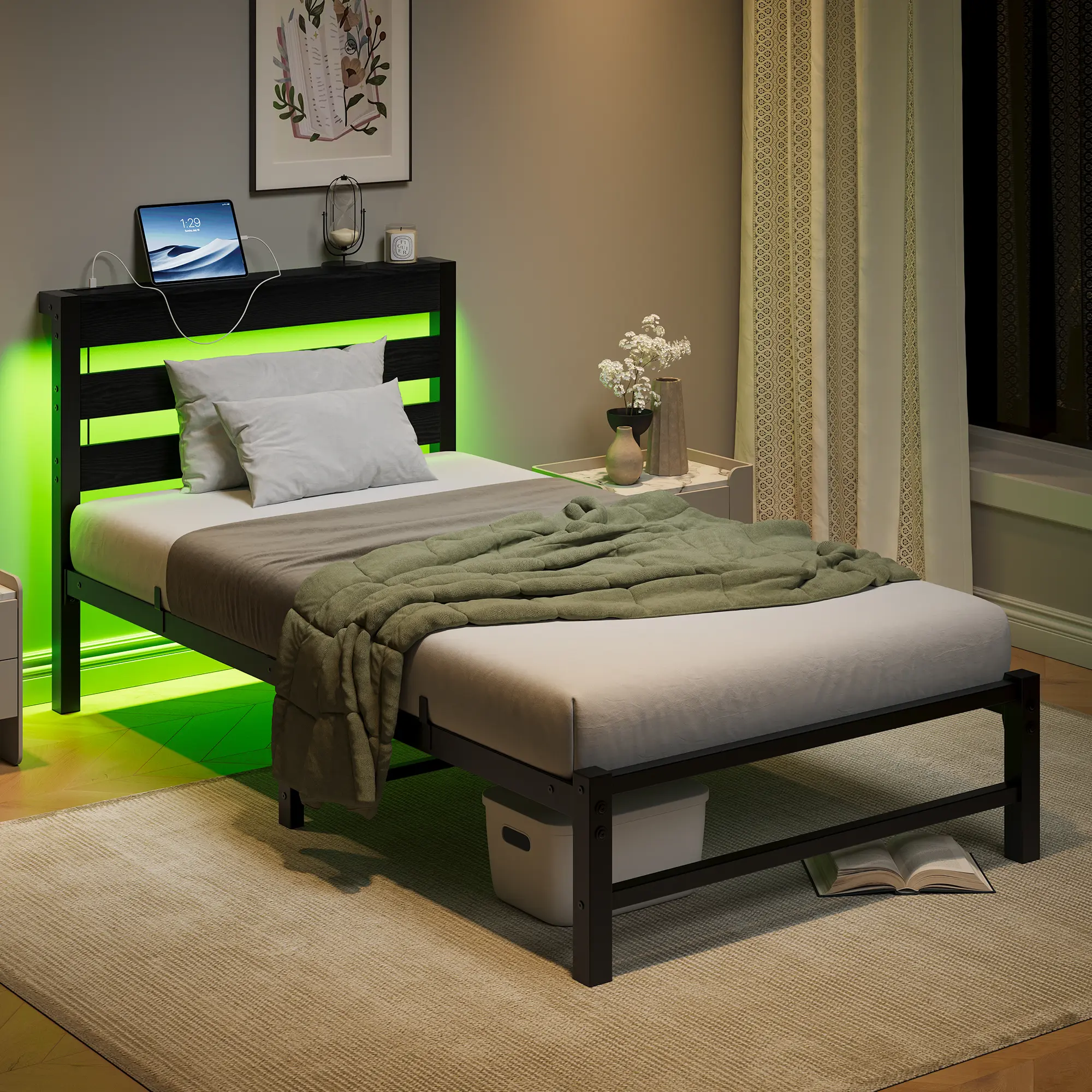 Bellemave Twin Bed Frame with Brown Modern Headboard - Sturdy Steel Platform, RGB LED Lights, Wireless & USB Port Convenient Charging Station, Noise-Free Design, Easy Underbed Storage, No Box Spring Needed