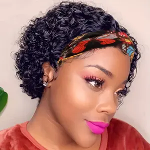 Wholesale NEW Hot BELIANA Glueless Pixie Cut Headband Wig for Women - Short Curly Natural Black Human Hair, 150% Density, Easy Put-On with Vibrant Floral Headband, Rose Net Cap, Afro Curly/Kinky Style, Everyday Style Wig |   Vibrant Design Wig |   Secure