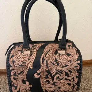 Medium 11” Speedy Back Bag with Brown Leather Tooling and Floral Design
