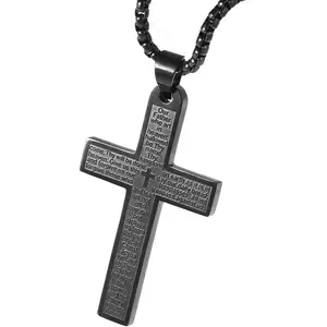 Stainless Steel Cross Necklace, Lord's Prayer Cross Pendant Necklace with 24" Hip Hop Chain, Stainless Steel Jewelry for Men Women, Religious Gift