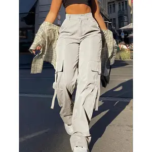 Women's High-Waist Cargo Pants - Light Gray, Y2K Kpop Street Style, Comfortable Polyester, Flap Pockets, Casual Work Pants for Street Style Attire