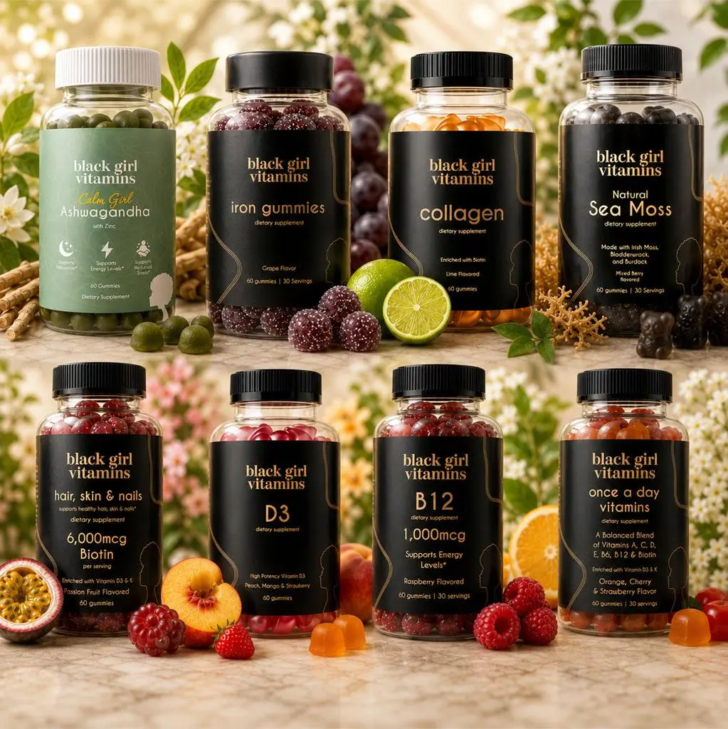 Black Girl Vitamins Gummies Authentic | Collagen | Biotin | Hair, Skin, Nails | B12 | D3 | Iron | Sea Moss | American Vitamin Gummies