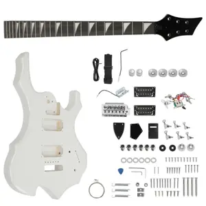 DIY 6-String Flame-Shaped Solid Wood Electric Guitar Complete Kit - Mahogany Body, Maple Neck, White Finish, HSH Configuration, Right Hand Design, Beginner-Friendly Project for Guitar Enthusiasts